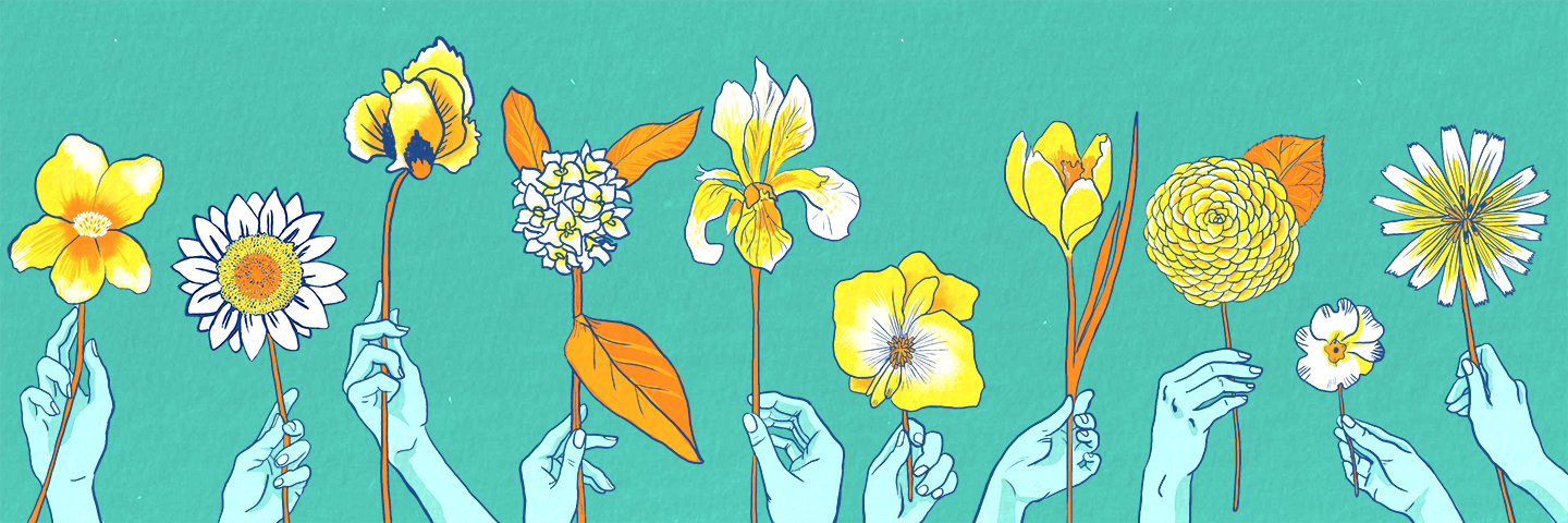 Illustration of 10 hands holding a flower