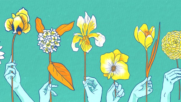 Illustration of 10 hands holding a flower