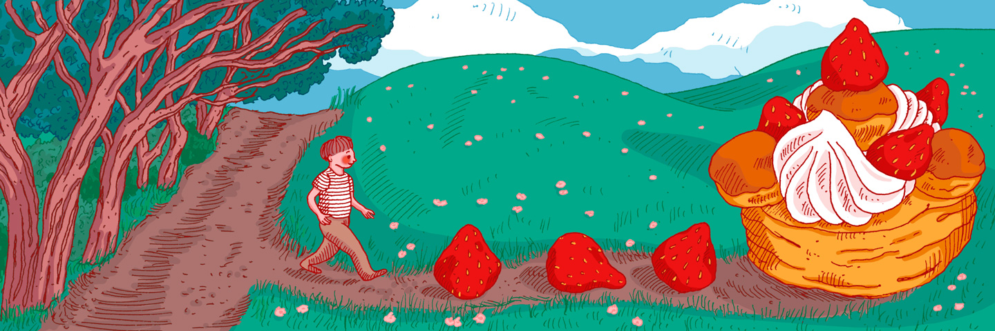 Boy walking towards strawberries and dessert.