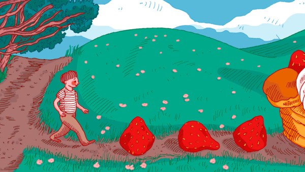 Boy walking towards strawberries and dessert.