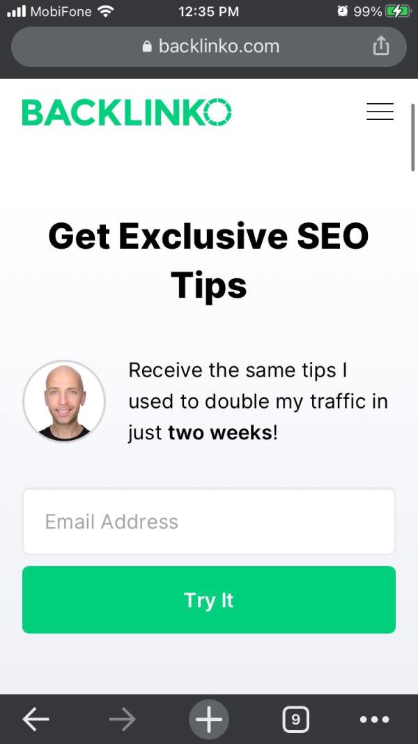 Backlinko mobile opt-in form