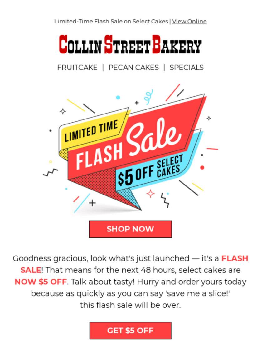 Collin Street Bakery sales promotion email example