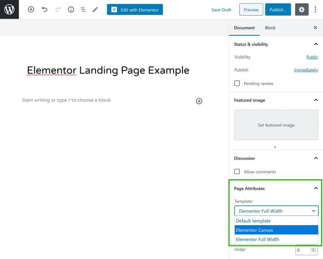 Select Elementor landing page canvas