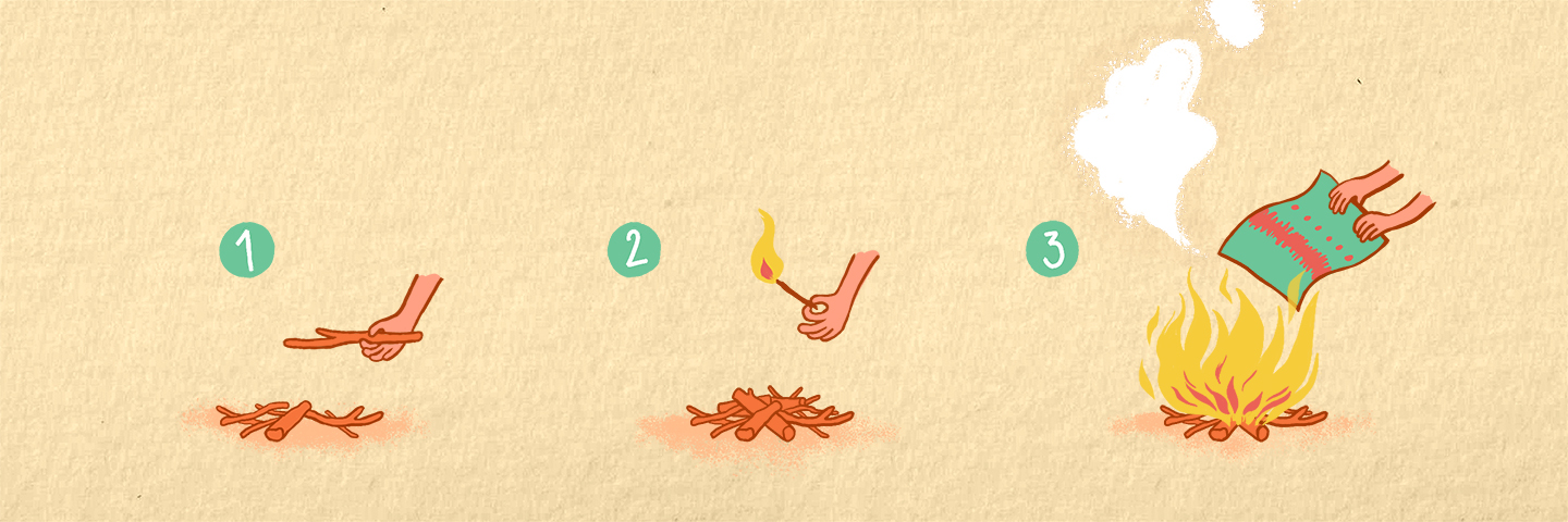 illustration of a camp fire being made