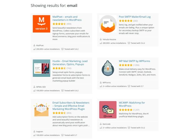 The results of searching for WordPress email plugin at WordPress.org