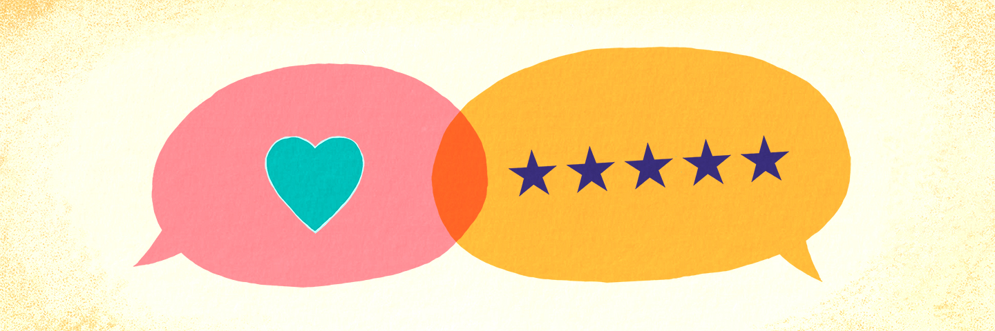 illustration of two speech bubbles with a heart and 5 stars in