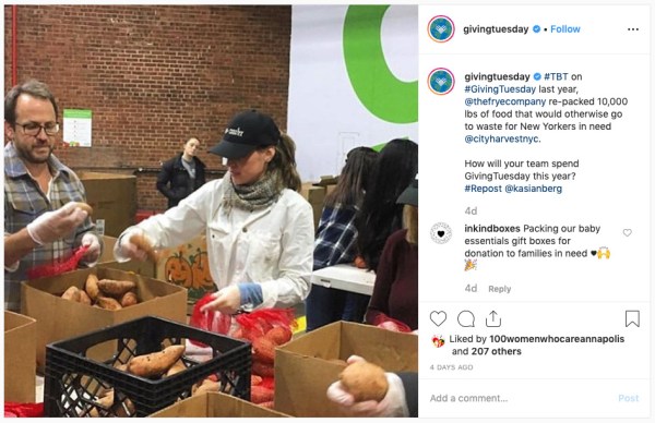 Giving Tuesday Instagram post about hoe shoe retailer Frye packed food for homeless people.