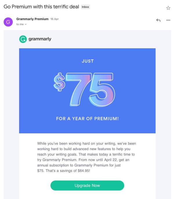 grammarly annual discount reengagement email