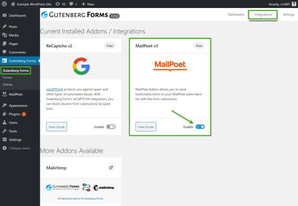 Enable the Gutenberg Forms MailPoet addon