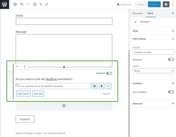 Adding the MailPoet opt-in box