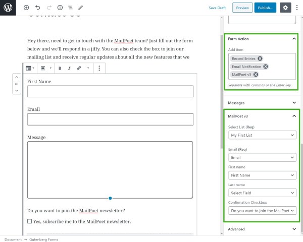 How to set up MailPoet form action