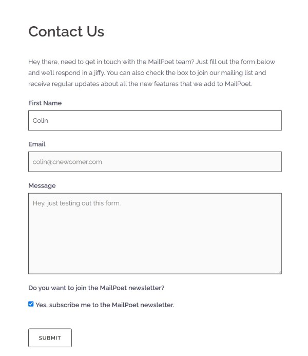 Example form with email opt-in