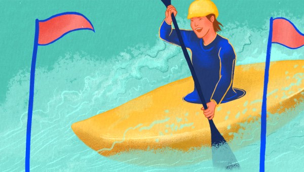 Illustration of someone in a kayak reaching the finish line