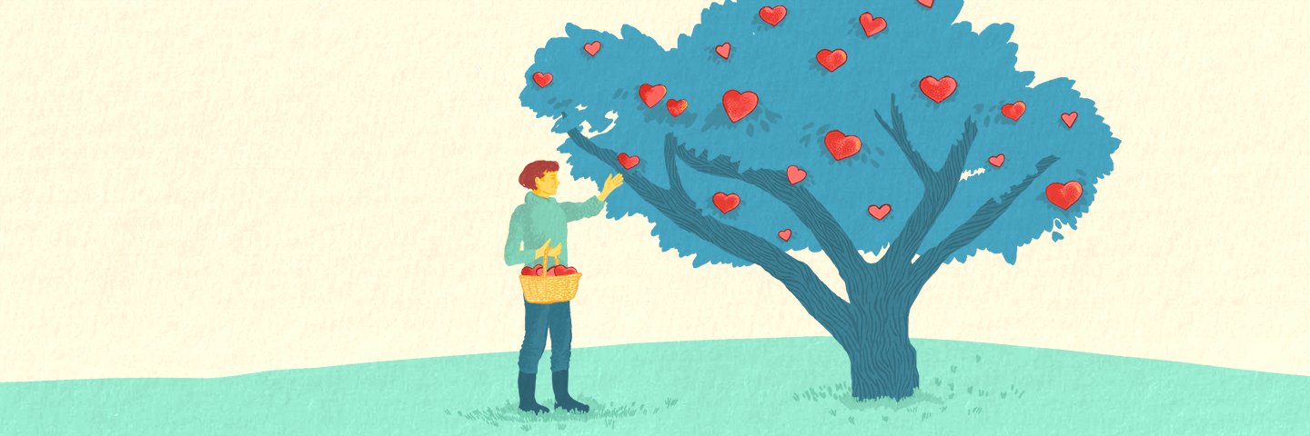 Illustration of someone picking apples from a tree