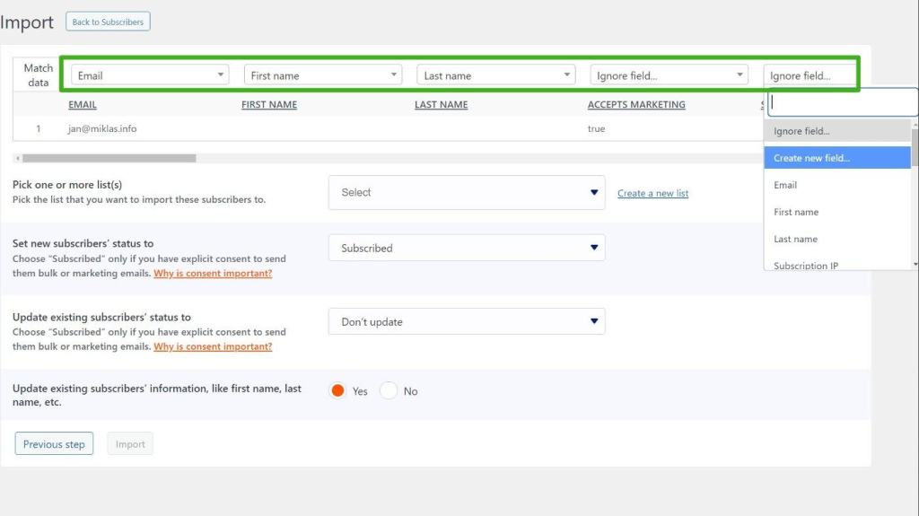 Configure MailPoet import options and map contact fields