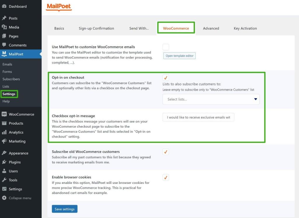 Configure MailPoet checkout opt-in form