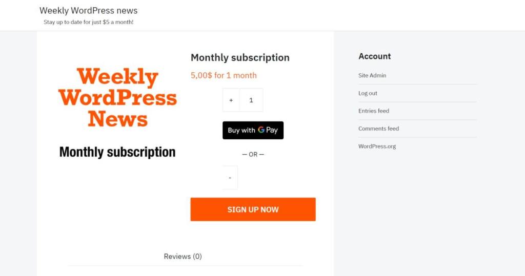 Example of 'Add to cart' for a paid newsletter subscription service