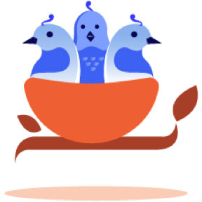 Illustration of birds sitting in a basket.