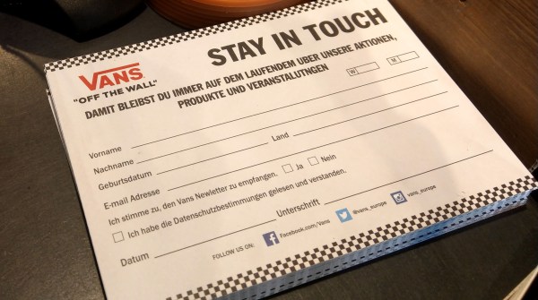 Example of a in-person signup form from VANS. 