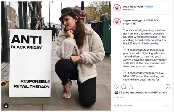 Vegan Beauty Girl Instagram post after fast fashion.