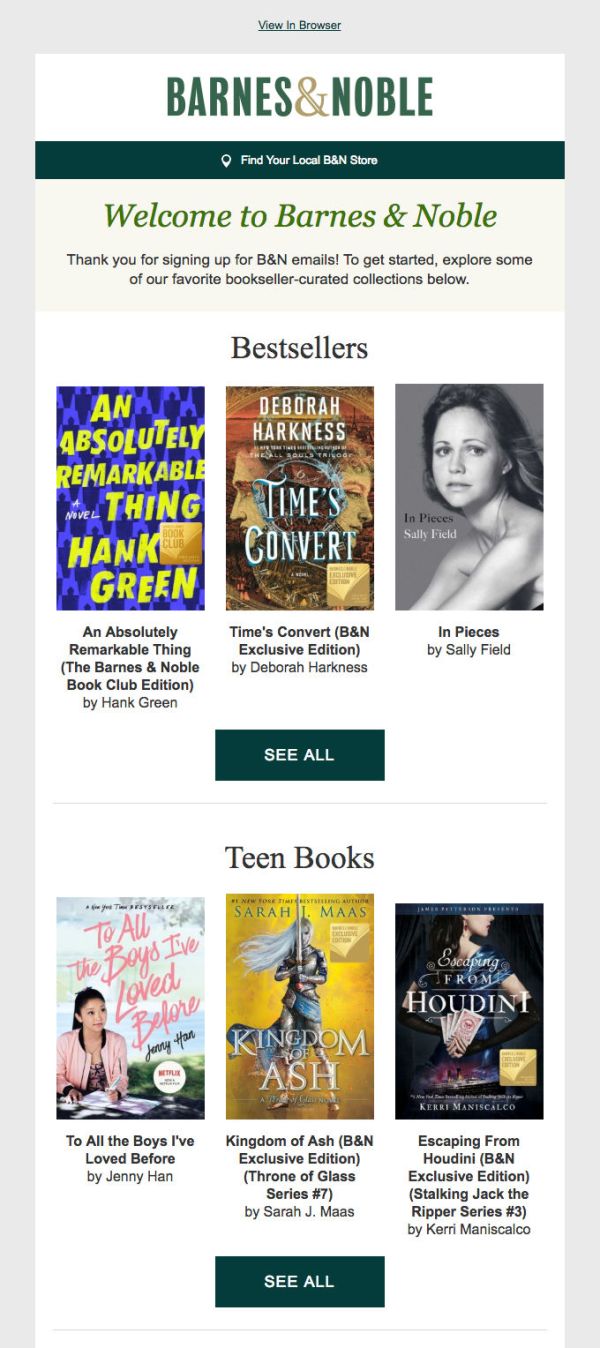 Example of Barnes and Noble welcome email.