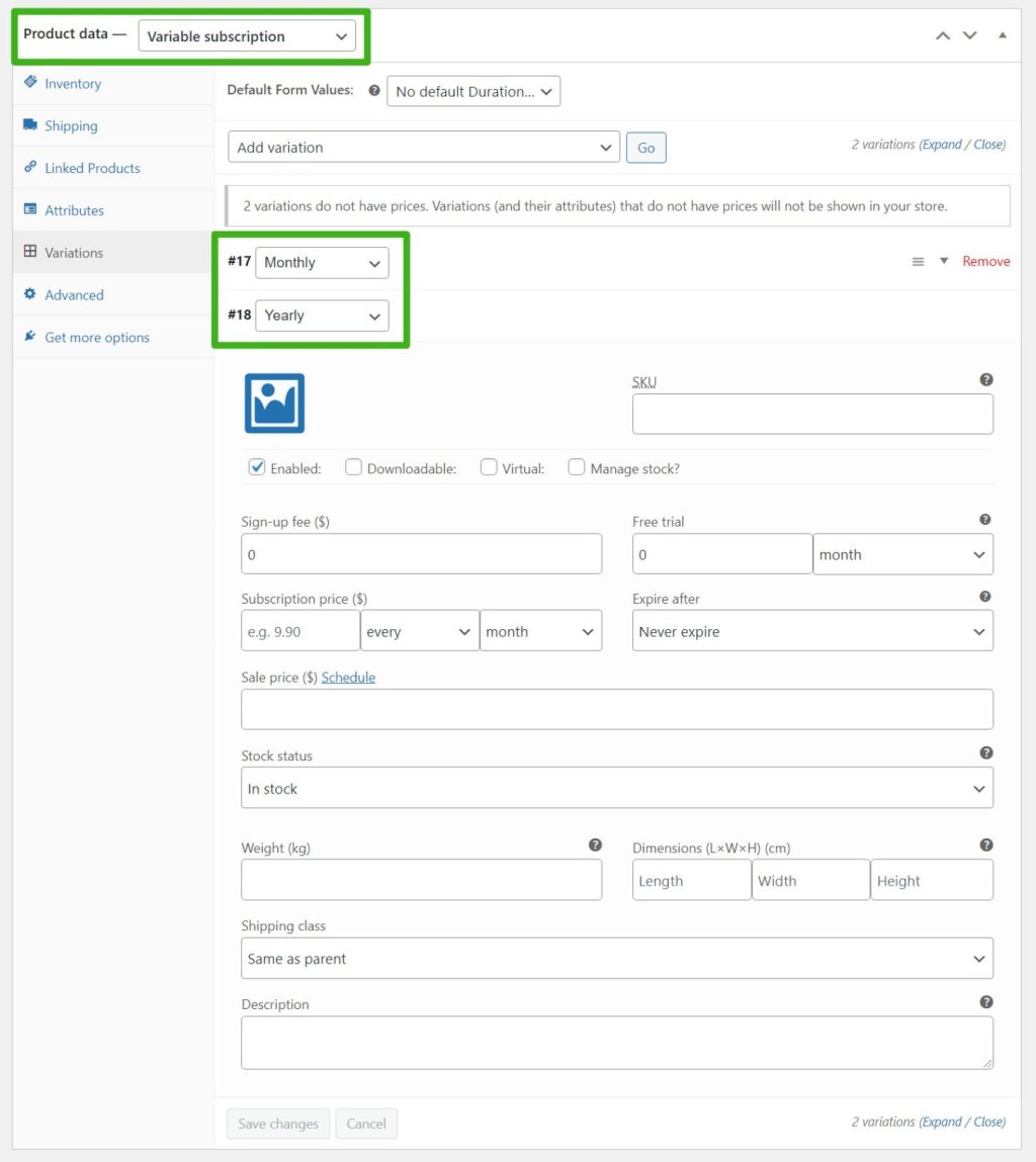 Variable product settings in WooCommerce