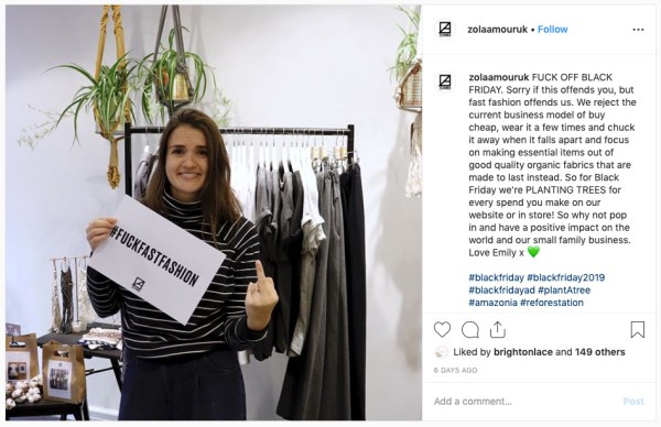 Zola Amour Instagram post about fast fashion.