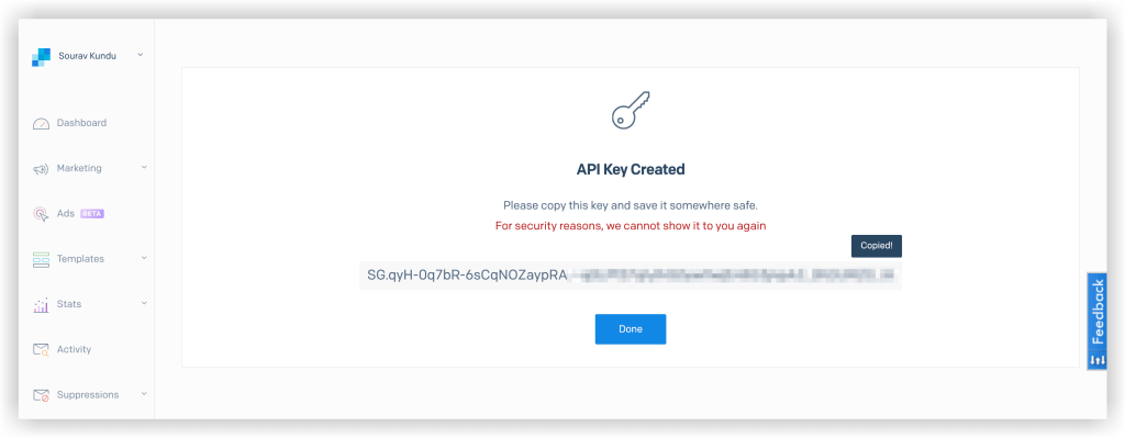 screenshot of Sample SendGrid API key