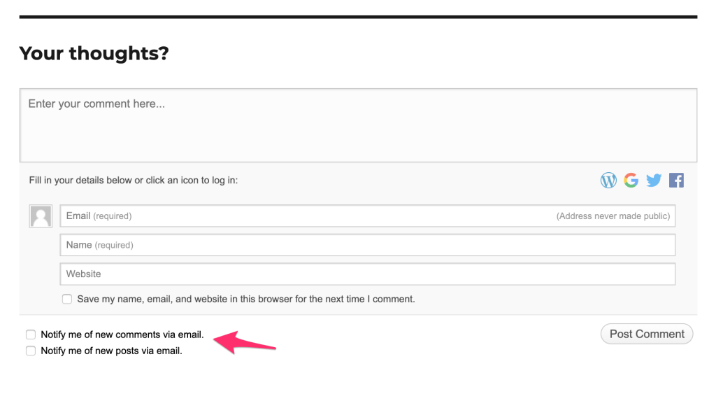 Example of the comment form created by Jetpack’s “Subscription” module