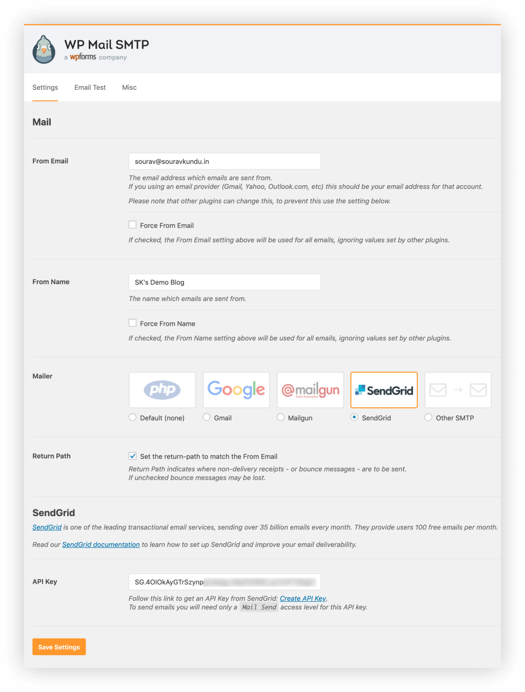 screenshot of WP Mail SMTP Plugin settings