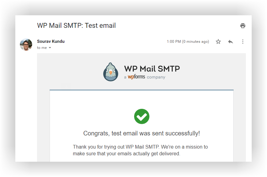 WP Mail SMTP test email sent via SendGrid