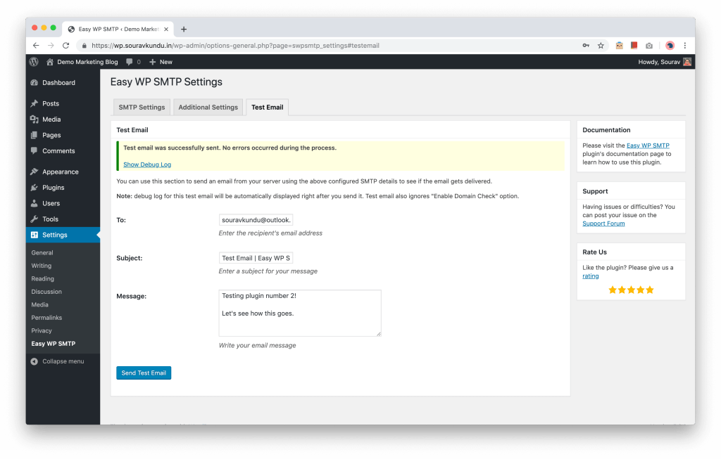 screenshot of Sending test email in Easy WP SMTP