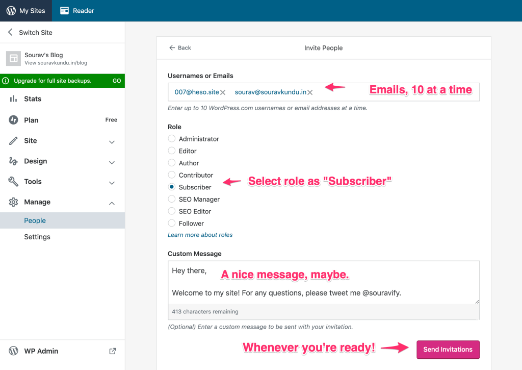 How to invite people for Jetpack subscriptions, via the WordPress.com dashboard