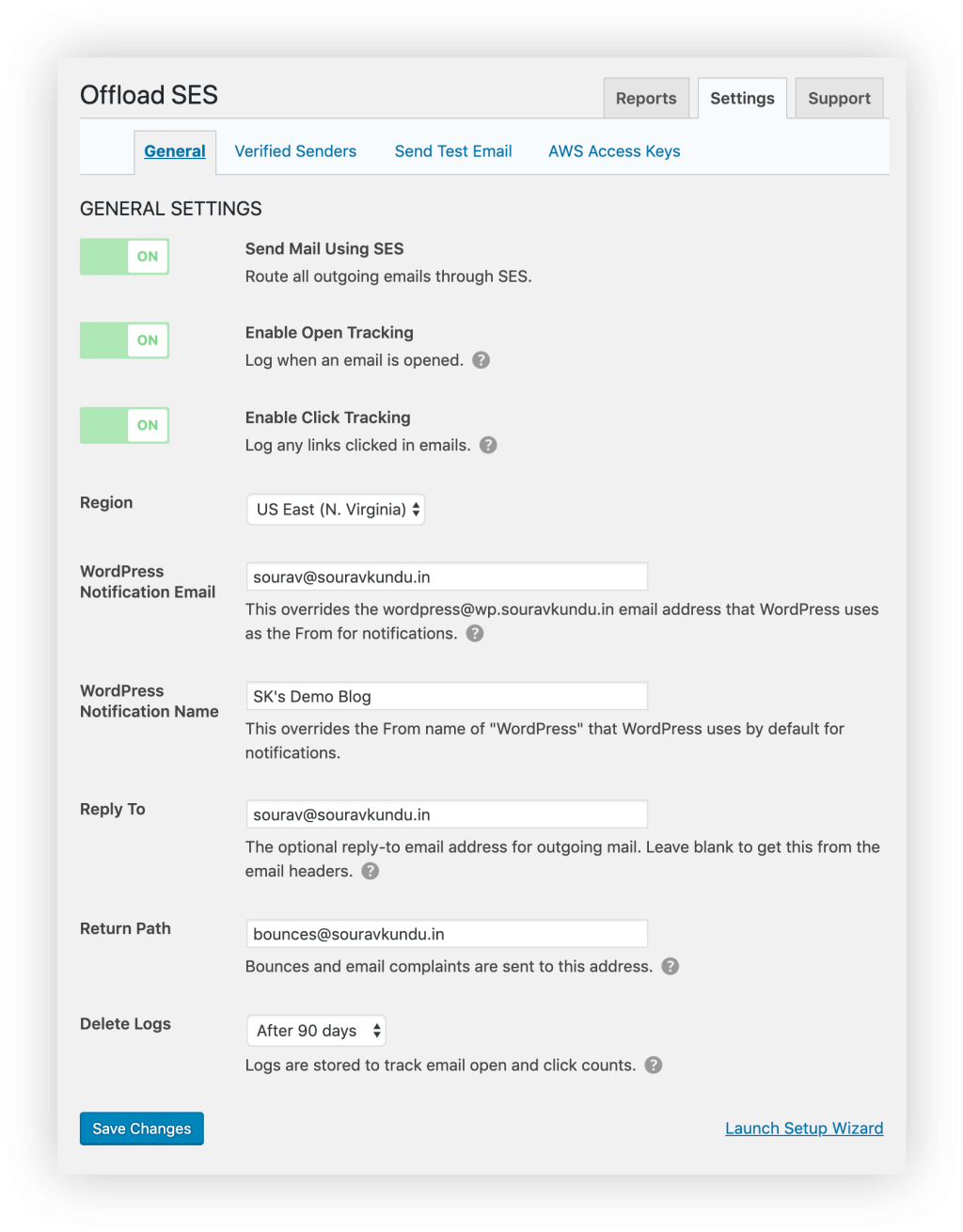 screenshot of WP Offload SES plugin settings