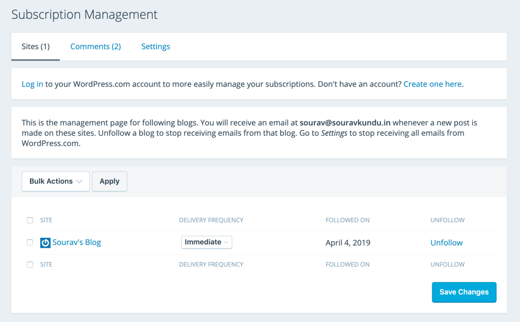 screenshot of Email preferences management dashboard for subscribers