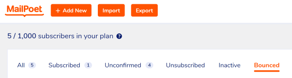 How to use email analytics: Subscribers area of MailPoet, with "Bounced" selected from the menu