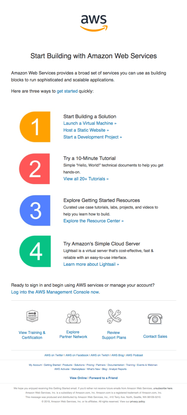 Example of AWS welcome email.