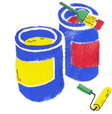 Cans of paint and brushes