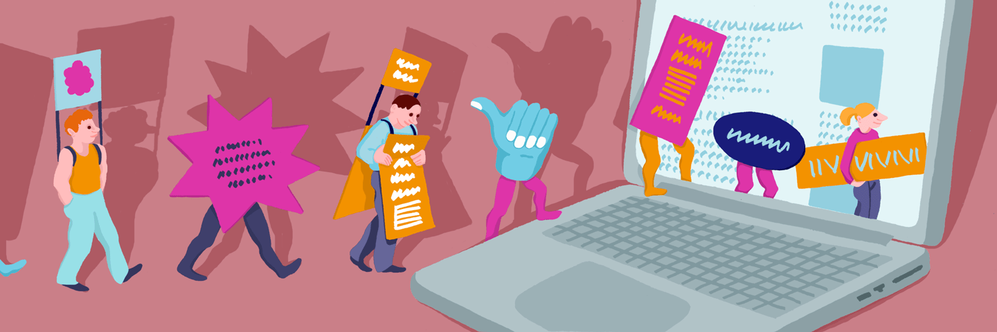 Illustration of people and ads walking into a computer