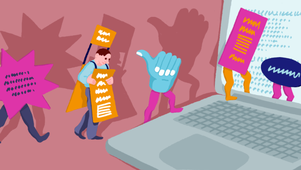 Illustration of people and ads walking into a computer