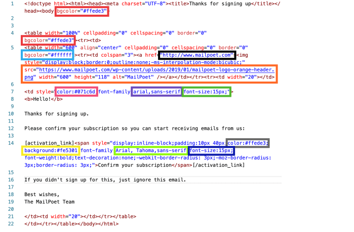 screenshot of signup confirmation code with highlighted areas to edit