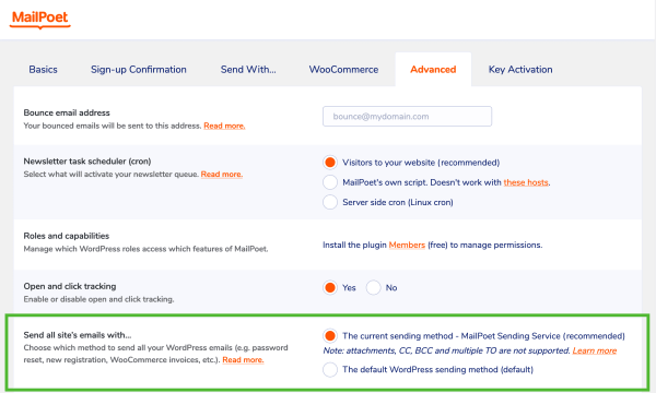 Set MailPoet as the active sending method for transactional emails