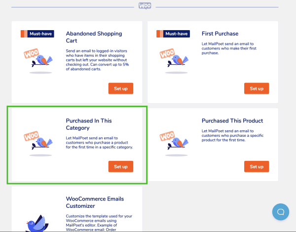 WooCommerce email options in MailPoet - Purchased in this category highlighted