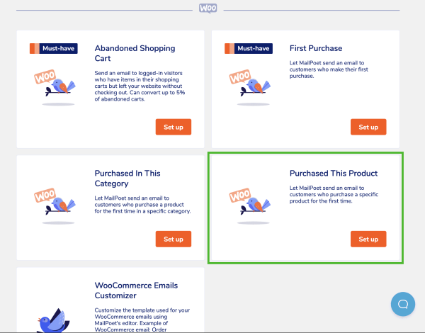 WooCommerce email options in MailPoet - Purchased this product highlighted