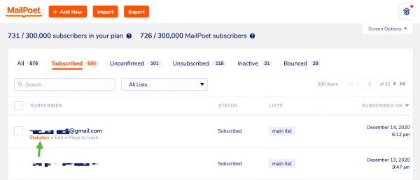 How to view stats per subscriber in MailPoet