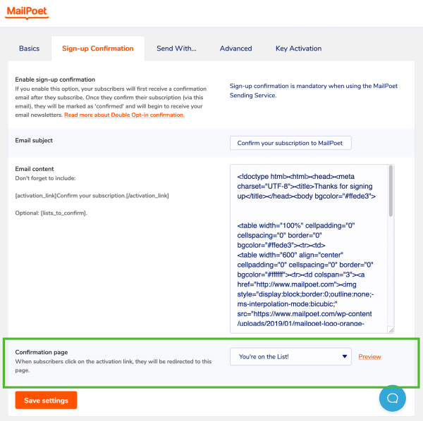Signup confirmation page settings in MailPoet