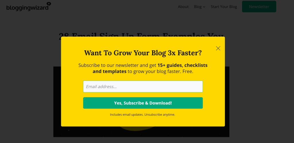 Email signup forms: Blogging Wizard pop up