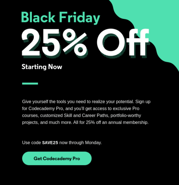 Black Friday and Cyber Monday email examples: Code Academy