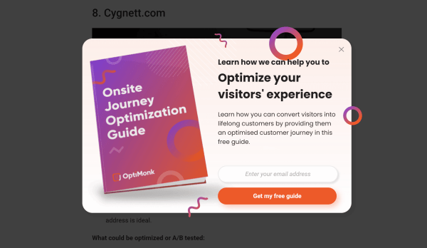 Example of a pop up signup form from Optimonk