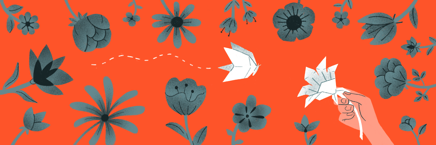 illustration of an origami bird amongst flowers